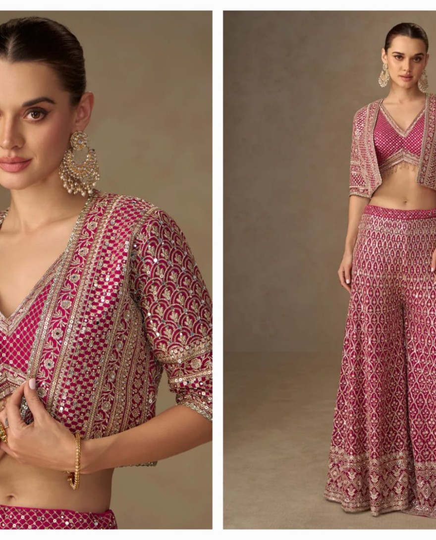 PINK - Designer Rani Pink Embroidered Indo Western Georgette Jacket Palazzo Set