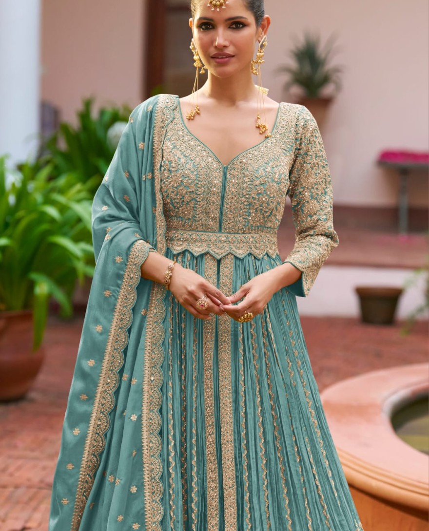 BLUE - Designer Blue Embroidered Chinon Anarkali Gown with Dupatta