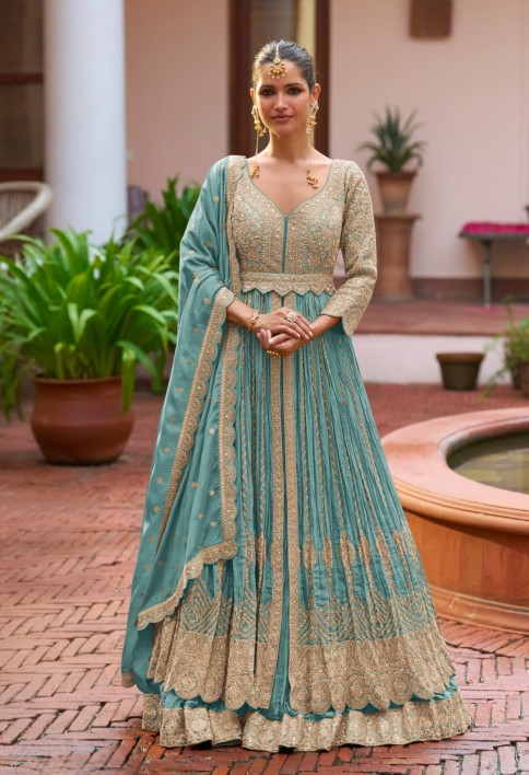 Designer Blue Embroidered Chinon Anarkali Gown with Dupatta