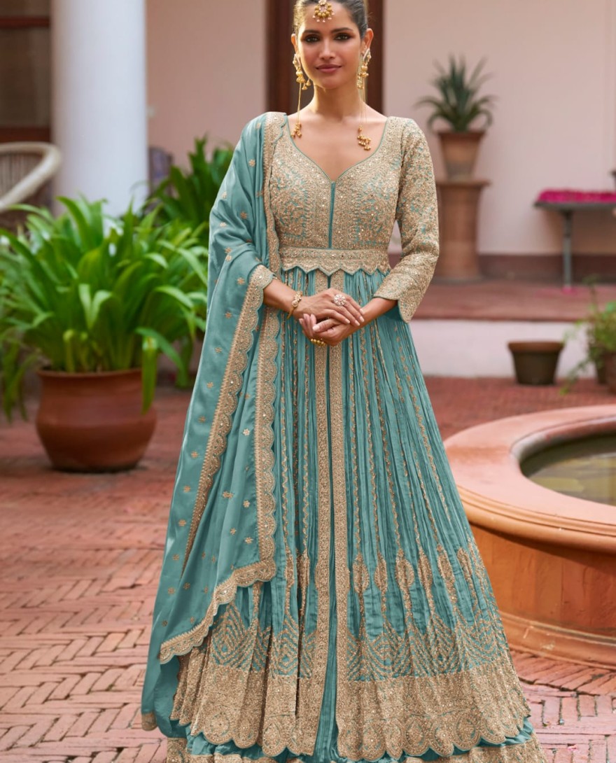 BLUE - Designer Blue Embroidered Chinon Anarkali Gown with Dupatta