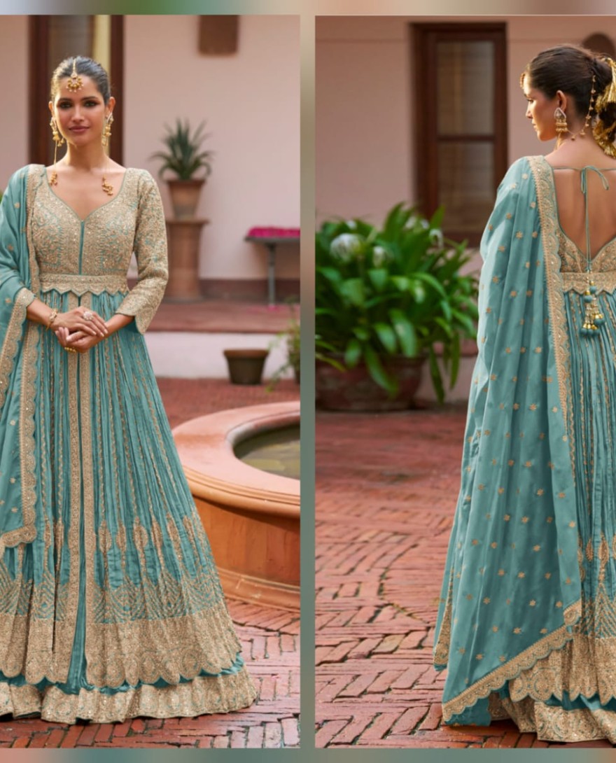 BLUE - Designer Blue Embroidered Chinon Anarkali Gown with Dupatta