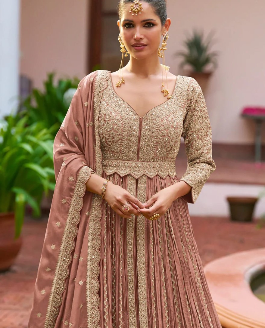 PINK - Designer Dusty Rose Embroidered Chinon Anarkali Gown with Dupatta