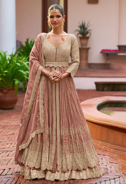 Designer Dusty Rose Embroidered Chinon Anarkali Gown with Dupatta