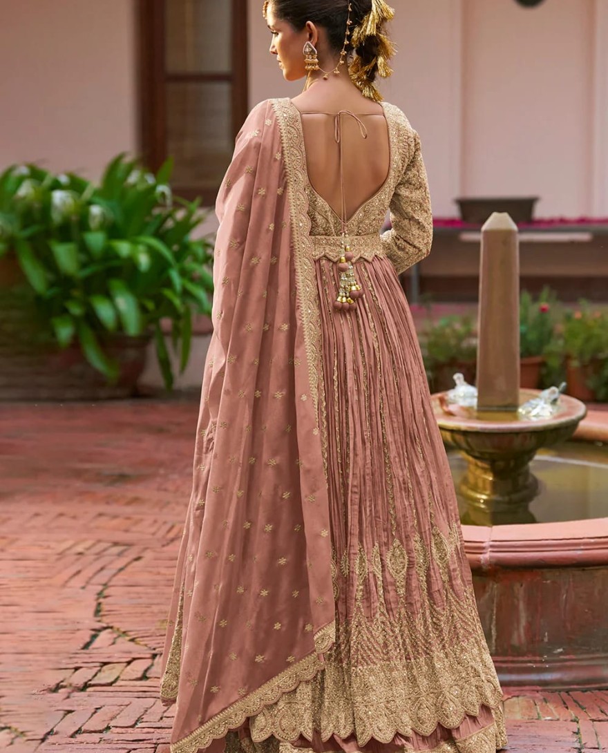 PINK - Designer Dusty Rose Embroidered Chinon Anarkali Gown with Dupatta