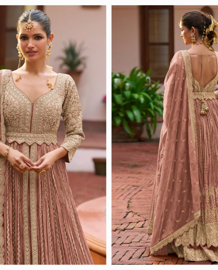 PINK - Designer Dusty Rose Embroidered Chinon Anarkali Gown with Dupatta