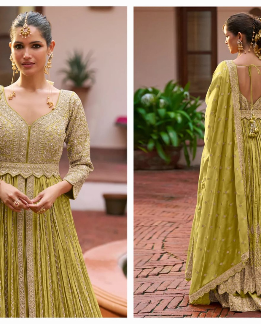  YELLOW - Designer Mehendi Green Embroidered Chinon Anarkali Gown with Dupatta