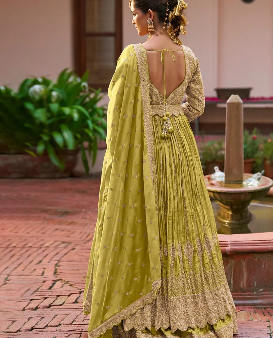 YELLOW - Designer Mehendi Green Embroidered Chinon Anarkali Gown with Dupatta