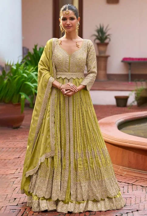 Designer Mehendi Green Embroidered Chinon Anarkali Gown with Dupatta