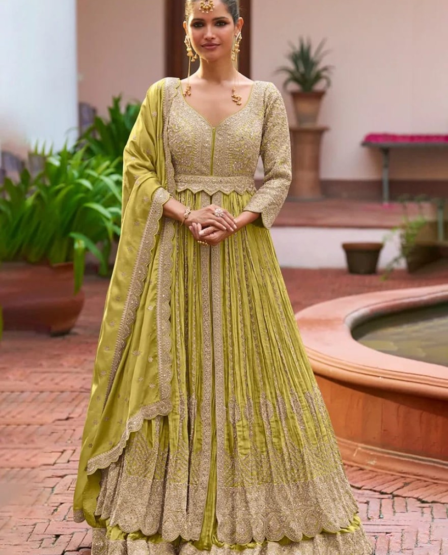 YELLOW - Designer Mehendi Green Embroidered Chinon Anarkali Gown with Dupatta