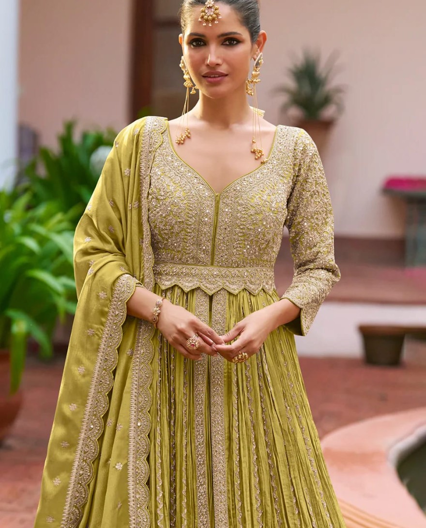YELLOW - Designer Mehendi Green Embroidered Chinon Anarkali Gown with Dupatta