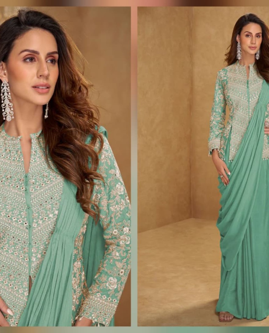 BLUE - Sea Green Saree Style Indo Western Dress