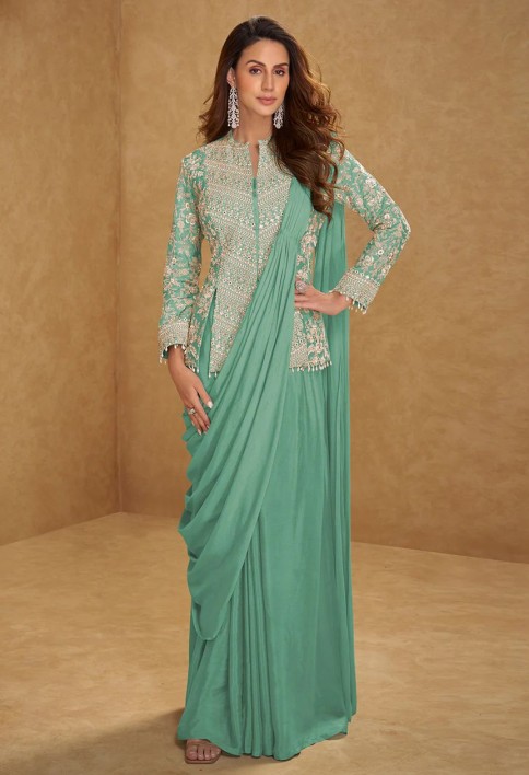 Sea Green Saree Style Indo Western Dress