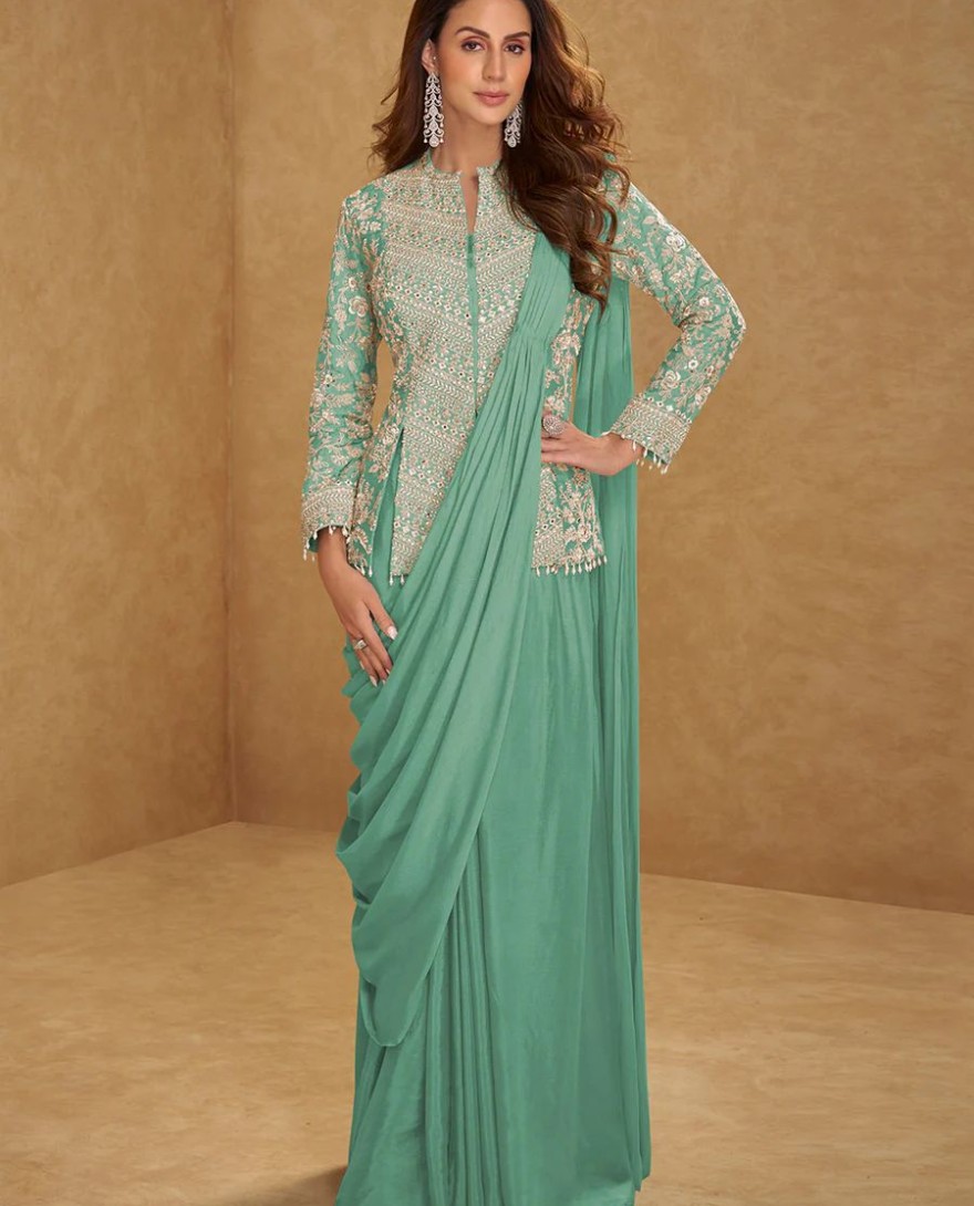 BLUE - Sea Green Saree Style Indo Western Dress