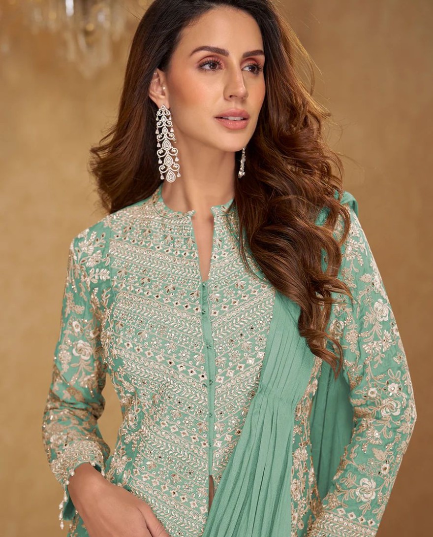 BLUE - Sea Green Saree Style Indo Western Dress