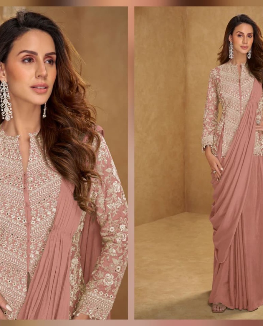 PEACH - Peachy Pink Saree Style Indo Western Dress
