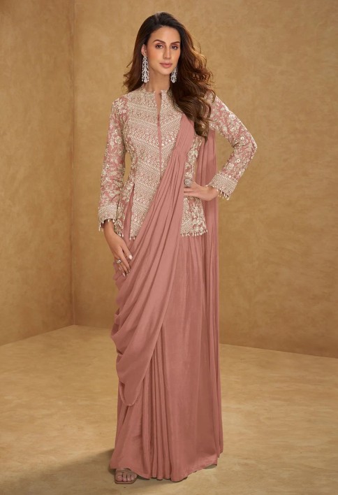 Peachy Pink Saree Style Indo Western Dress