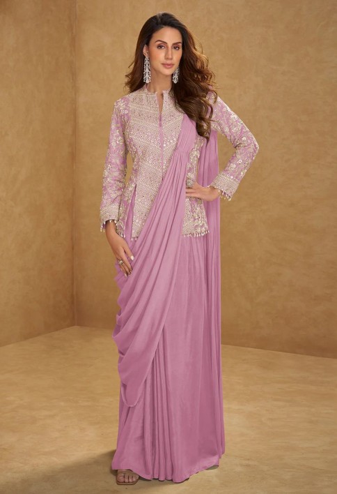 Lilac Pink Saree Style Indo Western Dress