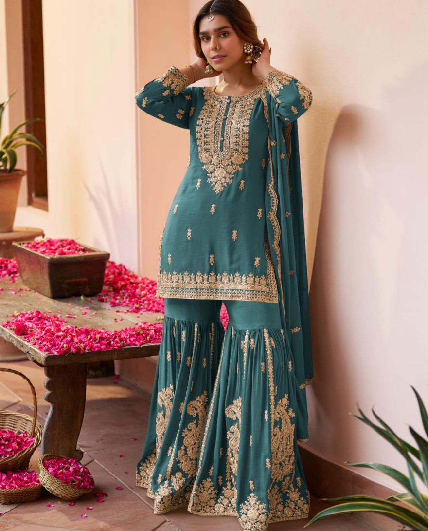 BLUE - Teal Blue Embroidered Chinnon Sarara Kameez for Festival