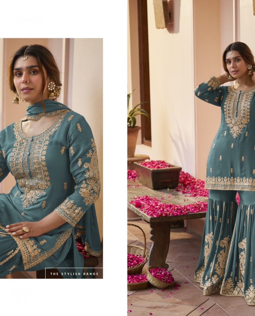 BLUE - Teal Blue Embroidered Chinnon Sarara Kameez for Festival