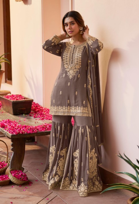 Dusty Grey Embroidered Chinnon Sarara Kameez for Festival