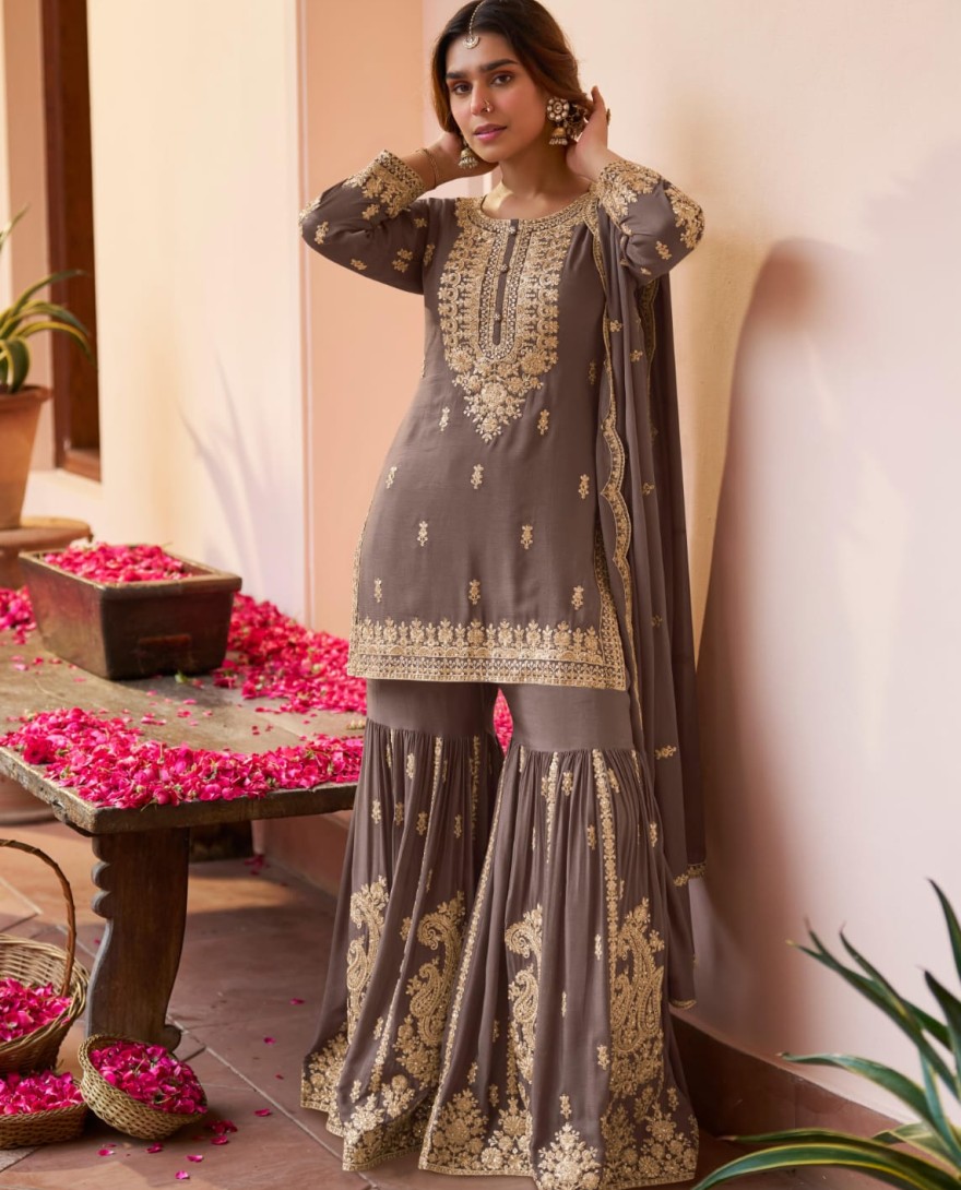 GREY - Dusty Grey Embroidered Chinnon Sarara Kameez for Festival