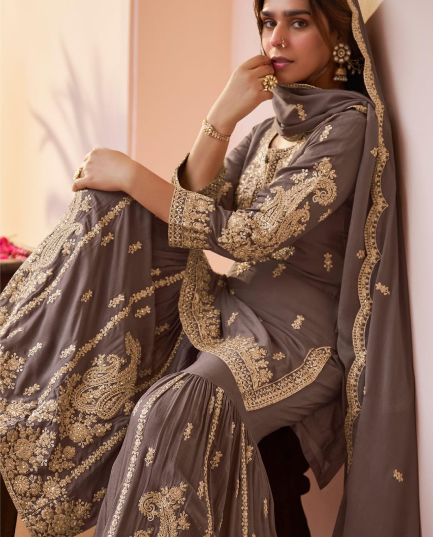 GREY - Dusty Grey Embroidered Chinnon Sarara Kameez for Festival