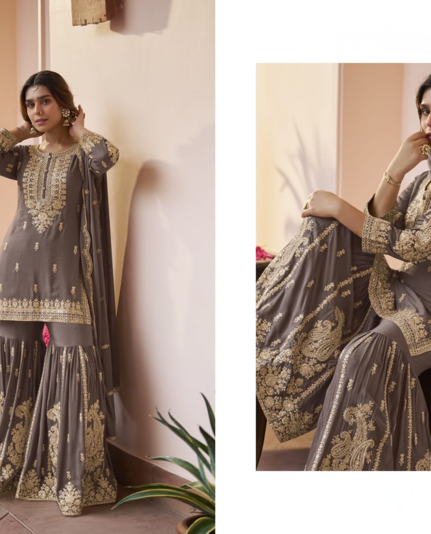 GREY - Dusty Grey Embroidered Chinnon Sarara Kameez for Festival
