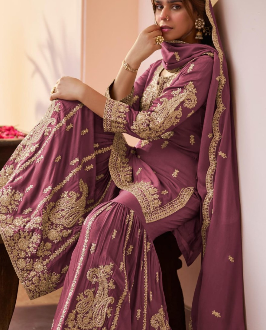 PINK - Onion Pink Embroidered Chinnon Sarara Kameez for Festival