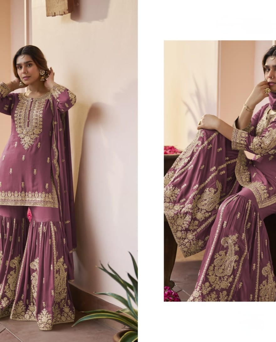 PINK - Onion Pink Embroidered Chinnon Sarara Kameez for Festival