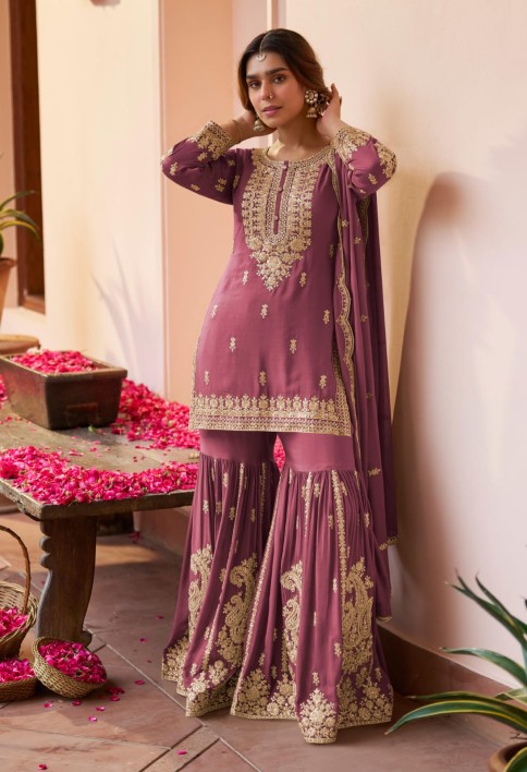 Onion Pink Embroidered Chinnon Sarara Kameez for Festival