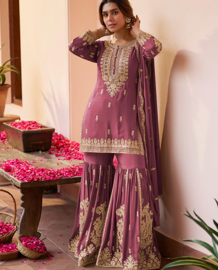 PINK - Onion Pink Embroidered Chinnon Sarara Kameez for Festival