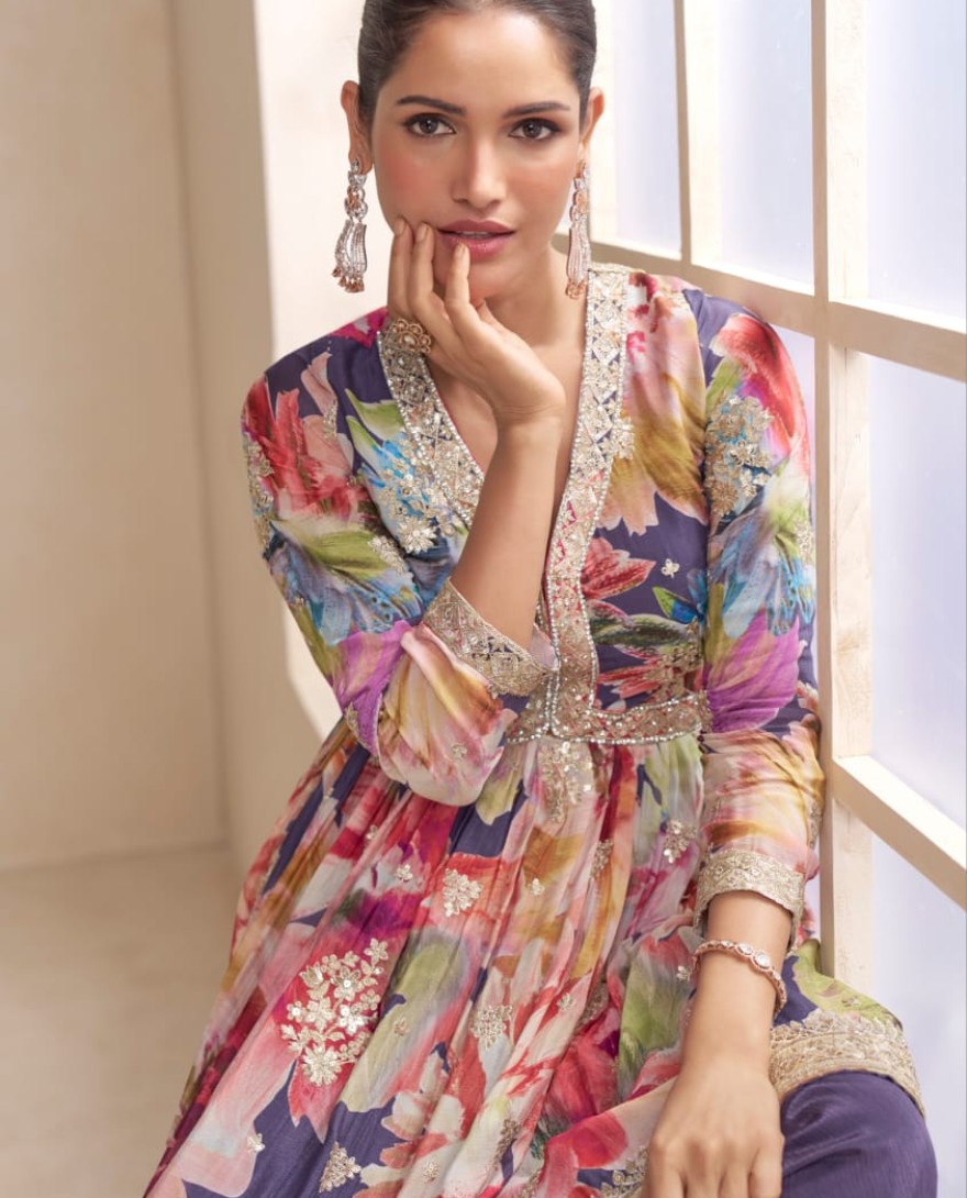 PURPLE - Designer Lavender Purple Floral Chinon Peplum Sharara Suit with Dupatta