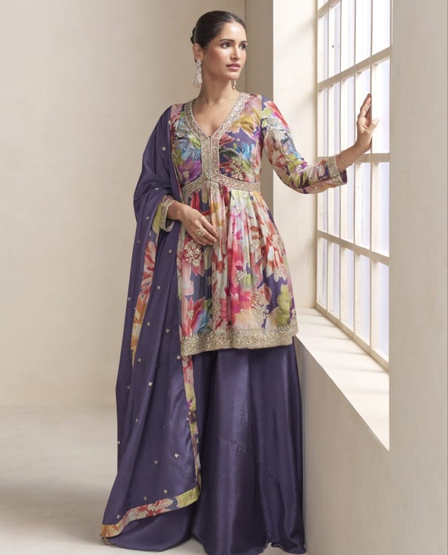 PURPLE - Designer Lavender Purple Floral Chinon Peplum Sharara Suit with Dupatta