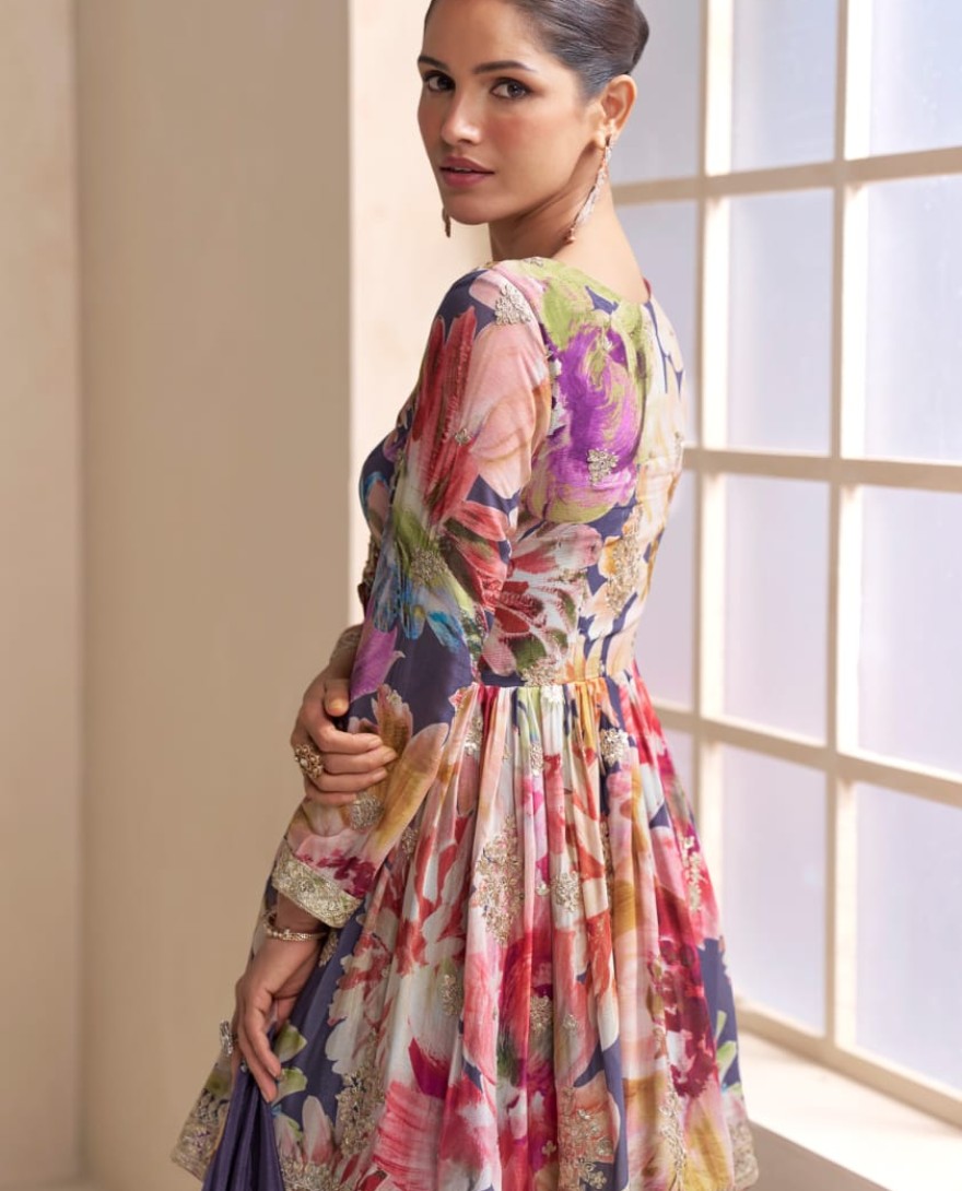  PURPLE - Designer Lavender Purple Floral Chinon Peplum Sharara Suit with Dupatta