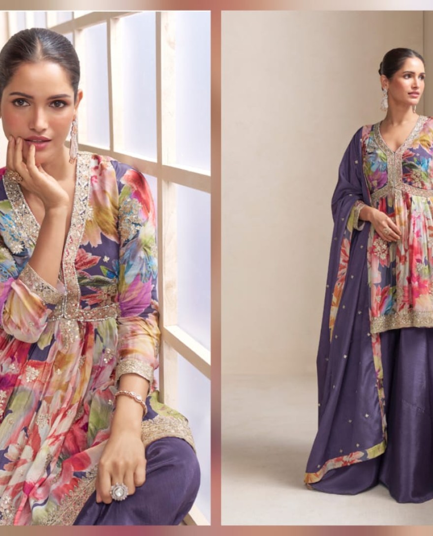 	 PURPLE - Designer Lavender Purple Floral Chinon Peplum Sharara Suit with Dupatta