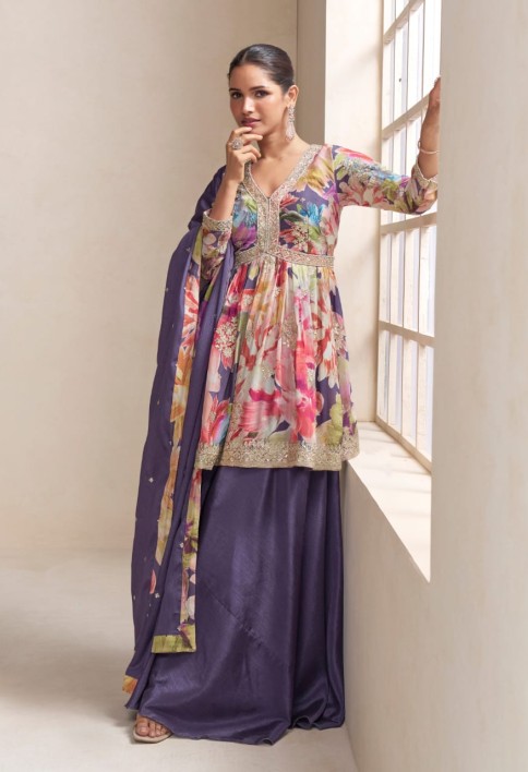 Designer Lavender Purple Floral Chinon Peplum Sharara Suit with Dupatta