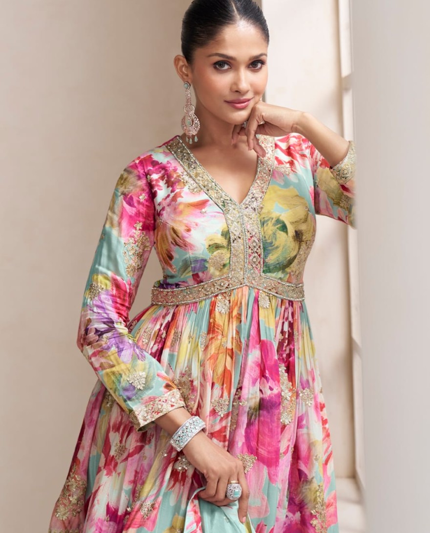 BLUE - Pastel Sea Green Floral Chinon Peplum Sharara Suit with Dupatta