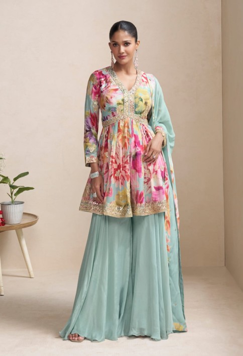 Pastel Sea Green Floral Chinon Peplum Sharara Suit with Dupatta