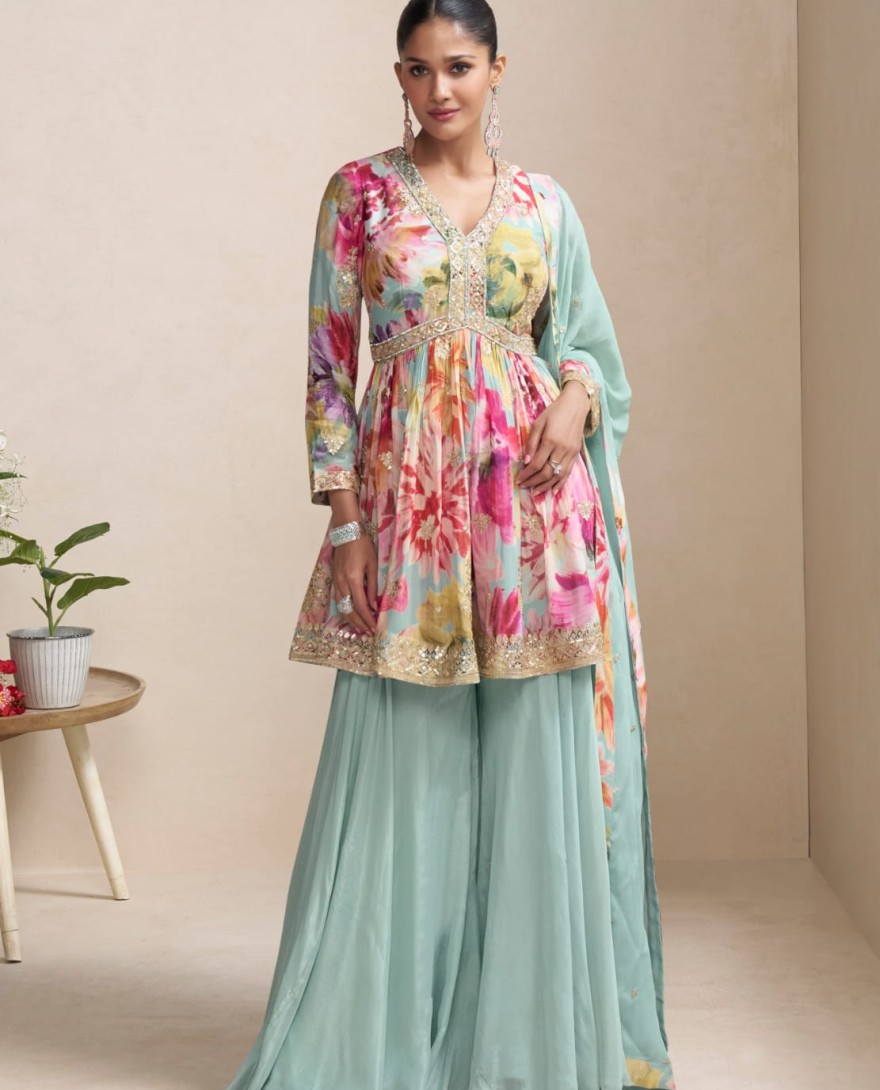 BLUE - Pastel Sea Green Floral Chinon Peplum Sharara Suit with Dupatta