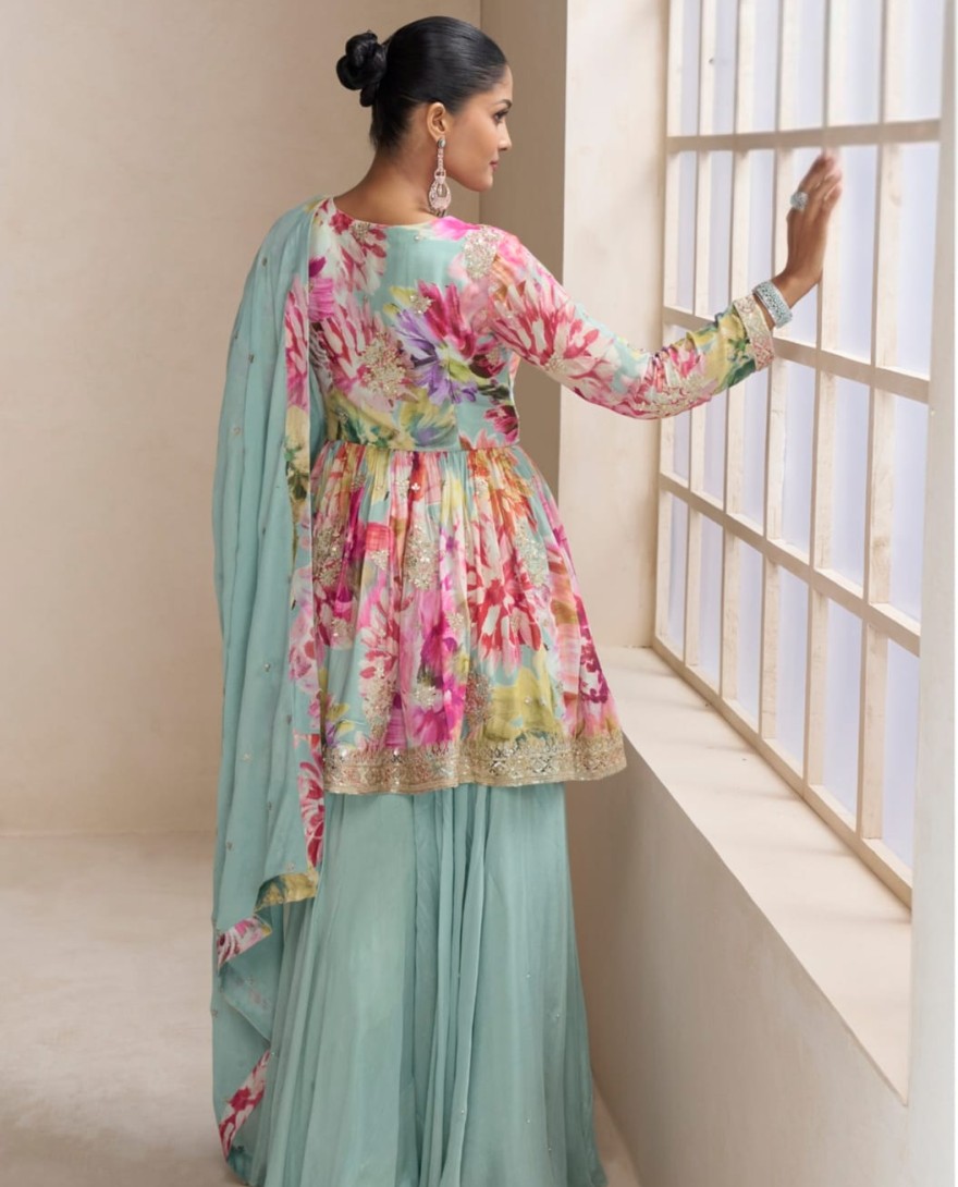 BLUE - Pastel Sea Green Floral Chinon Peplum Sharara Suit with Dupatta