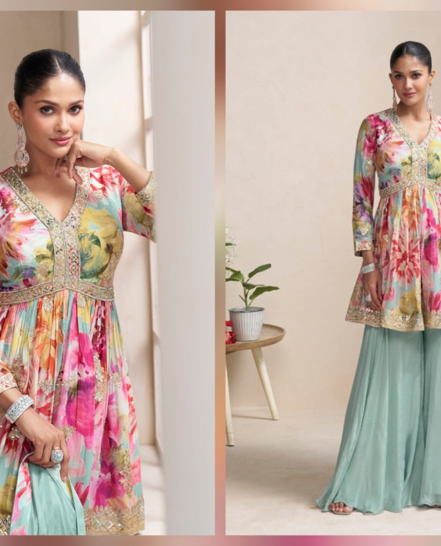 BLUE - Pastel Sea Green Floral Chinon Peplum Sharara Suit with Dupatta