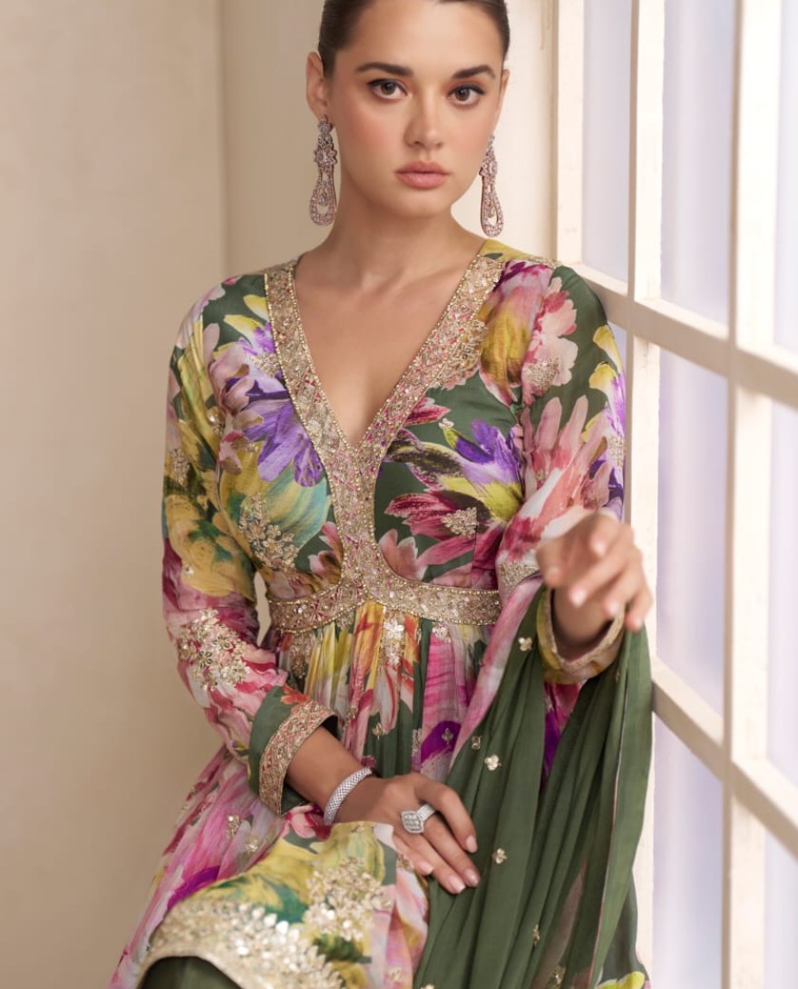 GREEN - Olive Green Floral Chinon Peplum Sharara Suit with Dupatta
