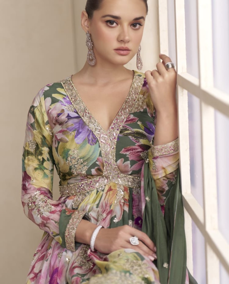 GREEN - Olive Green Floral Chinon Peplum Sharara Suit with Dupatta