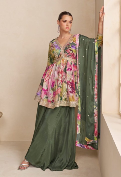 Olive Green Floral Chinon Peplum Sharara Suit with Dupatta