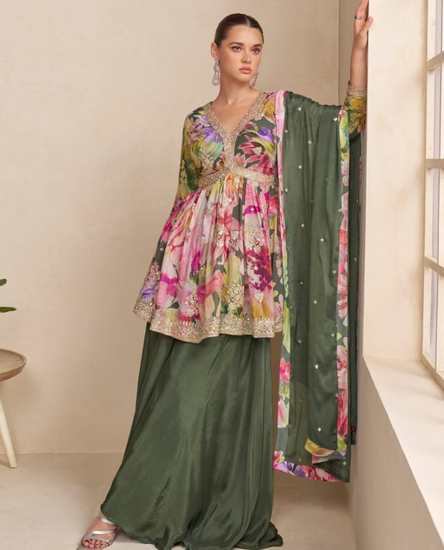 GREEN - Olive Green Floral Chinon Peplum Sharara Suit with Dupatta