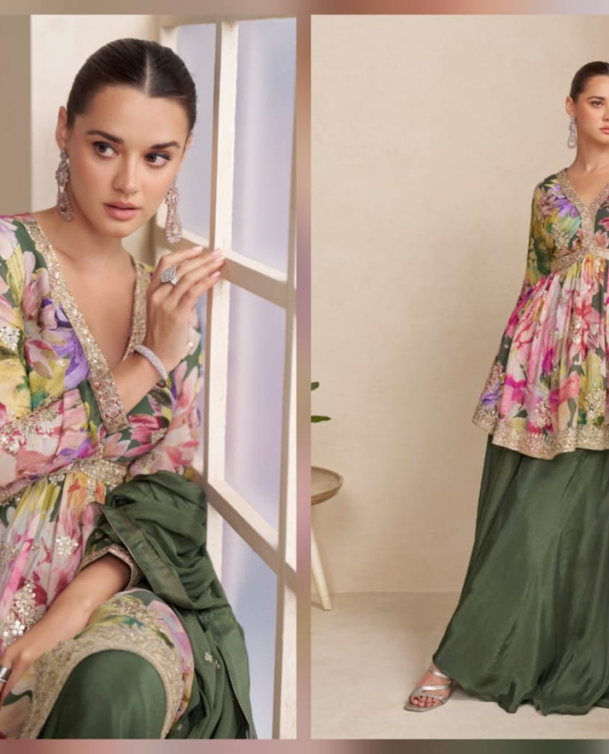 GREEN - Olive Green Floral Chinon Peplum Sharara Suit with Dupatta