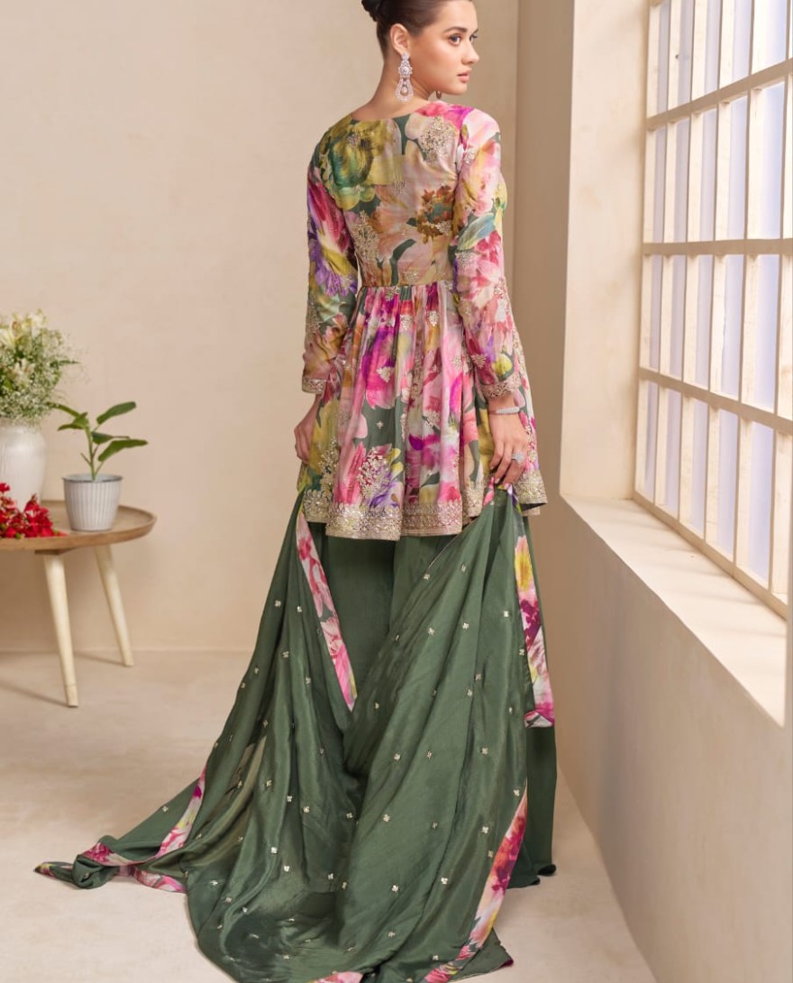 GREEN - Olive Green Floral Chinon Peplum Sharara Suit with Dupatta