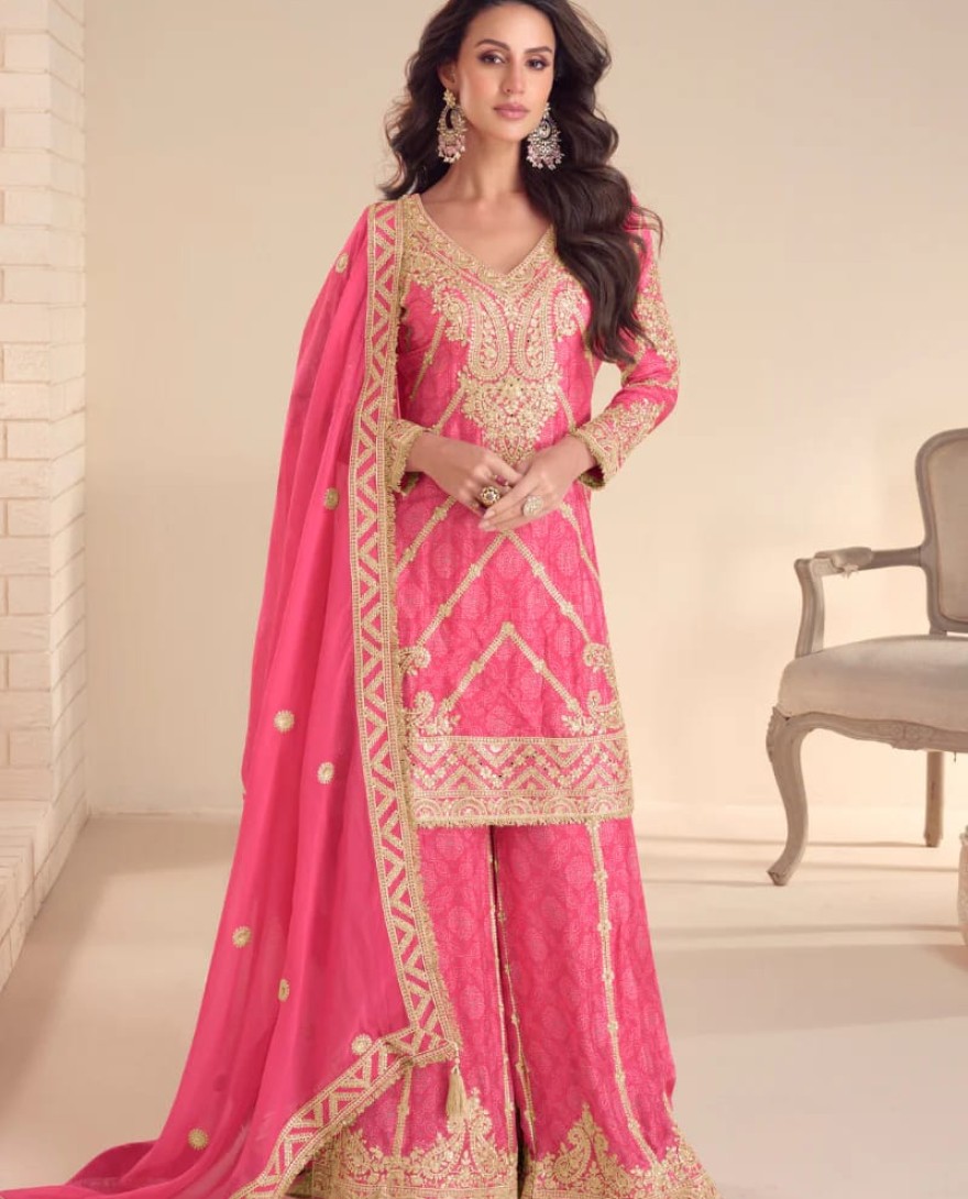 PINK - Rani Pink Chinon Palazzo Suit With Dupatta for Punjabi Wedding