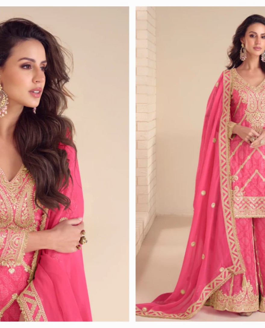 PINK - Rani Pink Chinon Palazzo Suit With Dupatta for Punjabi Wedding