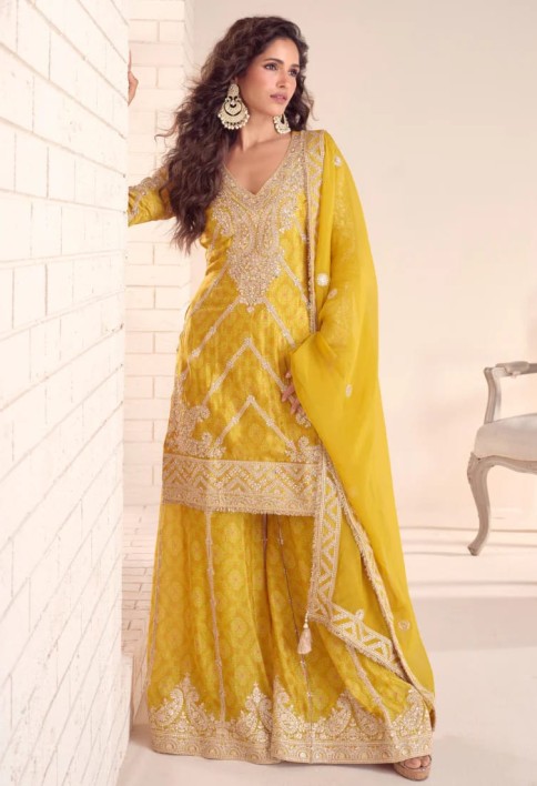 Mustard Yellow Chinon Palazzo Suit With Dupatta for Punjabi Wedding